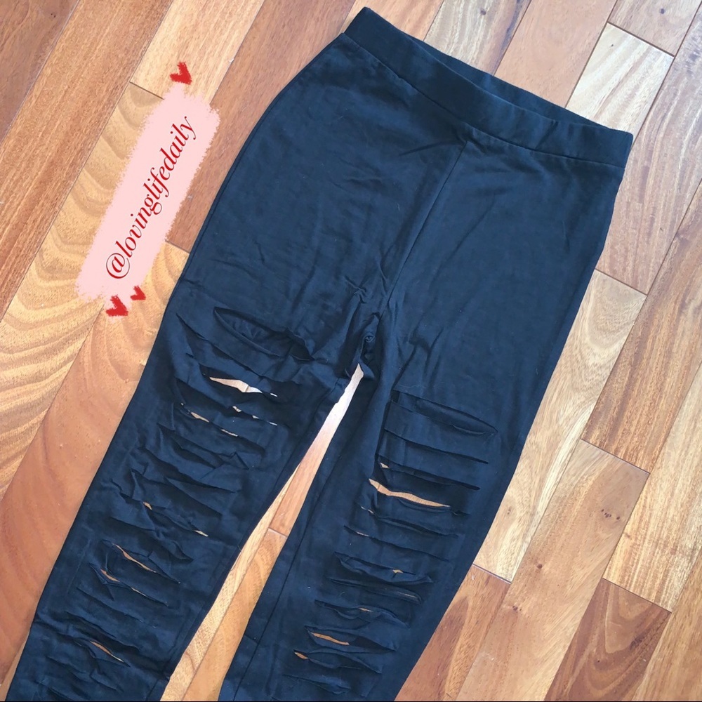 Nasty Gal High Waisted Shredded Black Leggings Ripped NWT - Picture 8 of 14